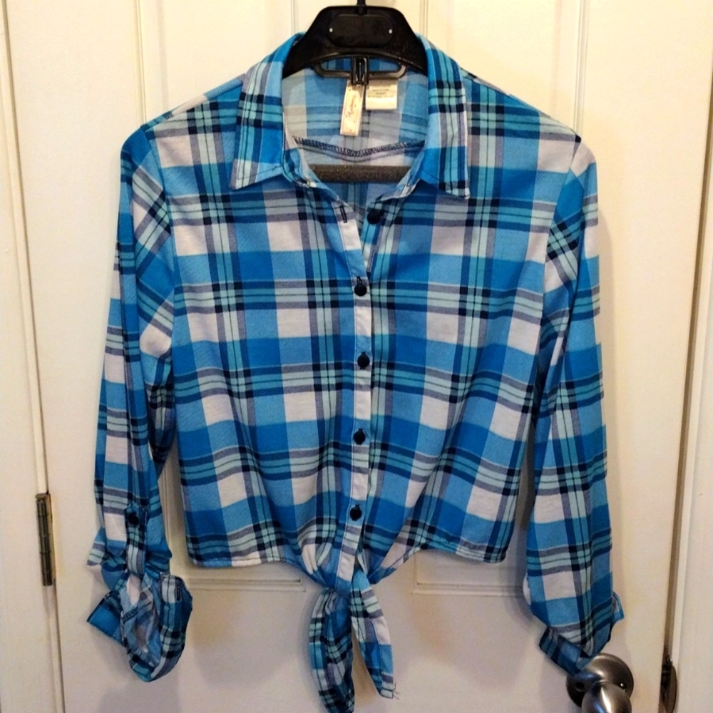 Passport girl tie front button down shirt.